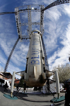 A general view of the Blue Origin New Shepard rocket booster at the 33rd Space Symposium in Colorado Springs, Colorado, United States April 5, 2017. REUTERS/Isaiah J. Downing