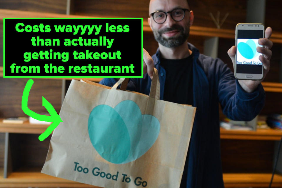 Man holding a Too Good to Go bag with the caption "Costs wayyyy less than actually getting takeout from the restaurant"