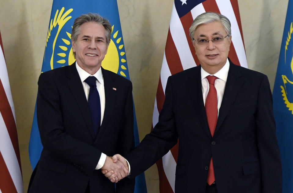 U.S. Secretary of State Antony Blinken, left, meets with Kazakhstan's President Kassym-Jomart Tokayev at Ak Orda Presidential Palace in Astana, Kazakhstan Tuesday, Feb. 28, 2023. (Olivier Douliery/Pool Photo via AP)