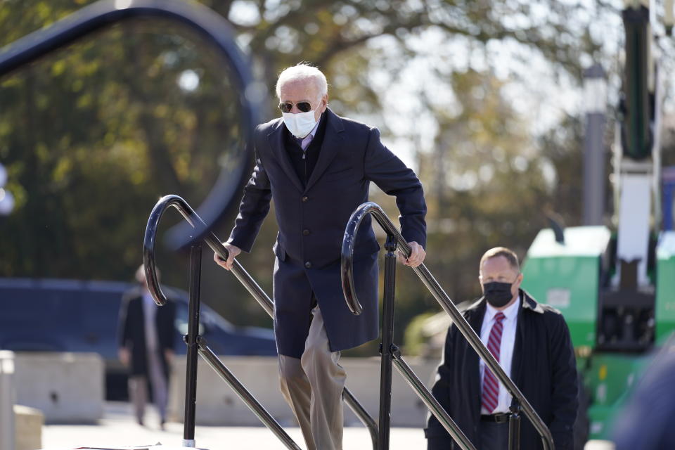 Democratic presidential candidate former Vice President Joe Biden arrives to speak at a rally at the Iowa State Fairgrounds in Des Moines, Iowa, Friday, Oct. 30, 2020. (AP Photo/Andrew Harnik)