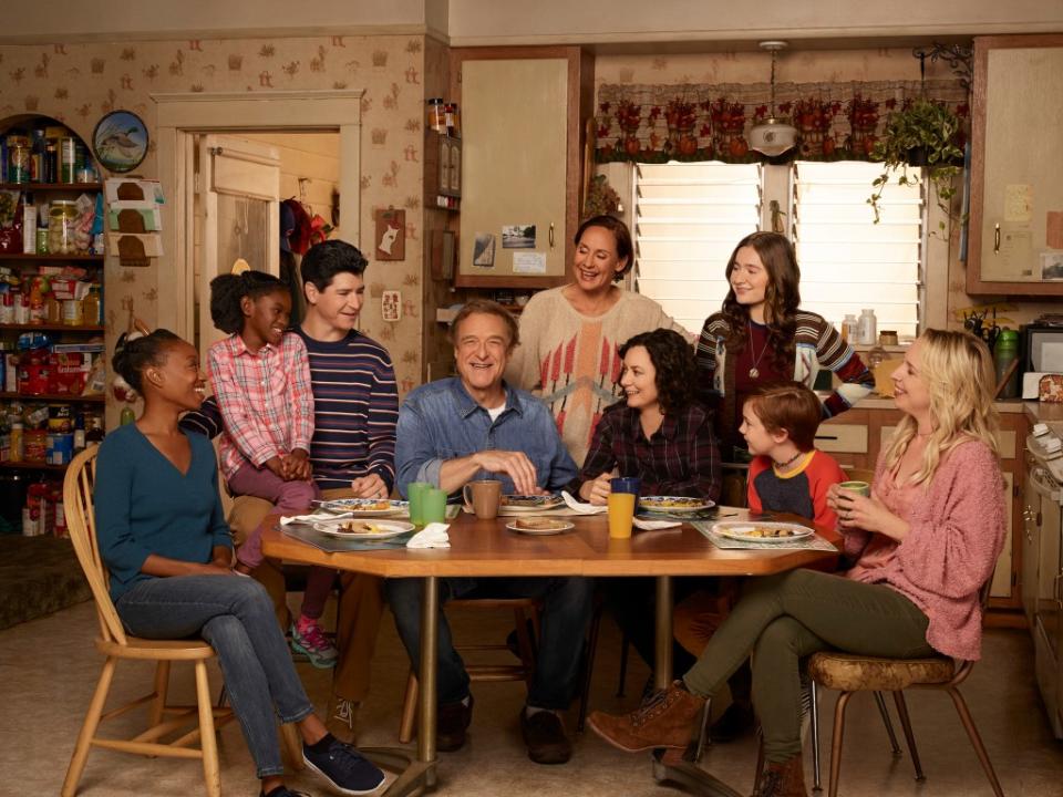 Maya Lynne Robinson as Geena Williams-Conner, Jayden Rey as Mary, Michael Fishman as D.J. Conner, John Goodman as Dan Conner, Laurie Metcalf as Jackie Harris, Sara Gilbert as Darlene Conner, Emma Kenney as Harris Conner, Ames McNamara as Mark and Lecy Goranson as Becky Conner on “The Conners.” ABC