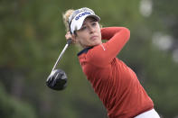 Nelly Korda watches her tee shot on the 18th hole during the final round of the LPGA Pelican Women's Championship golf tournament at Pelican Golf Club, Sunday, Nov. 13, 2022, in Belleair, Fla. (AP Photo/Phelan M. Ebenhack)