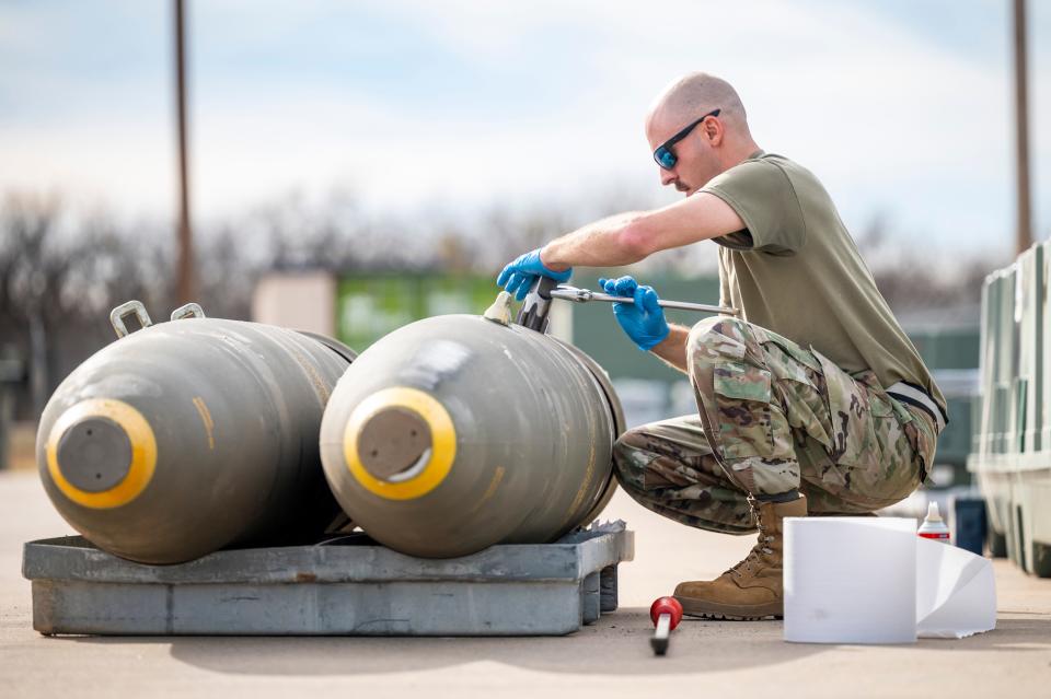 An Airman from the 7th Munitions Conventional Maintenance shop prepares Joint Direct Attack Munitions at Dyess Air Force Base, Texas, Jan. 31, 2024.