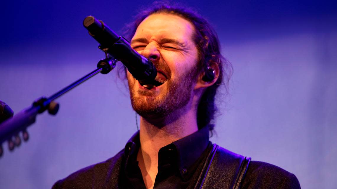 Hozier in concert at Coastal Credit Union Music Park at Walnut Creek in Raleigh, N.C., Saturday night, April 20, 2024.