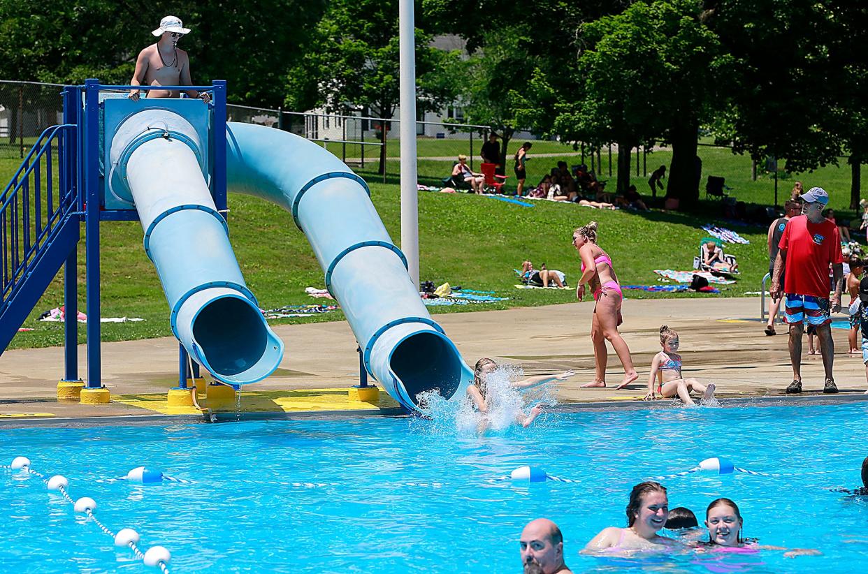 Brookside Pool lifeguard Aaron Lemon watches from the slides on Wednesday, June 15, 2022. TOM E. PUSKAR/ASHLAND TIMES-GAZETTE