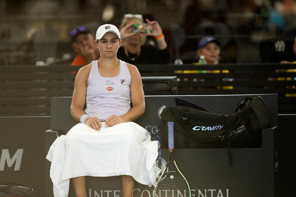 Ash Barty (pictured) sitting between points against Danielle Collins at the Adelaide International tennis tournament.