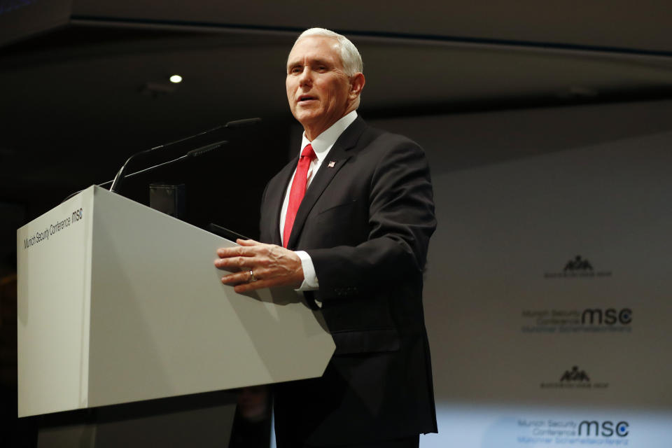 United States Vice President Mike Pence delivers his speech during the Munich Security Conference in Munich, Germany, Saturday, Feb. 16, 2019. (AP Photo/Matthias Schrader)