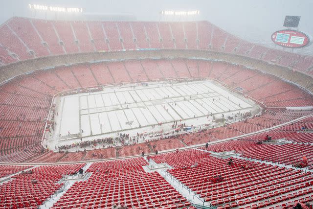 <p>Nick Tre. Smith/Icon Sportswire via Getty</p> Interior view of Arrowhead Stadium and it's snowy field in December 2019.