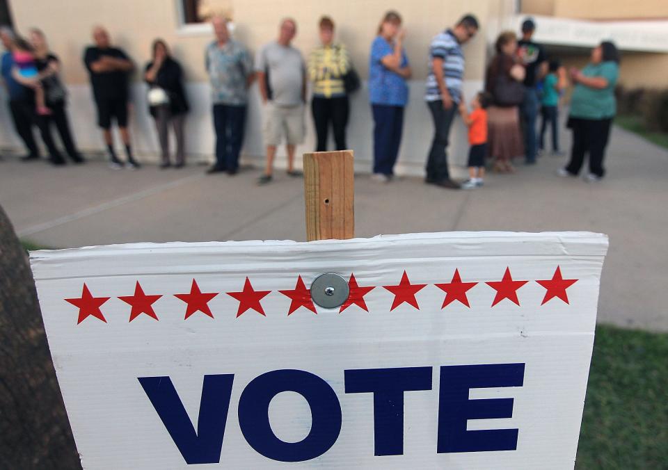 Voters wait in line to cast their ballots