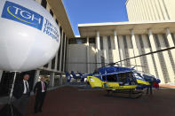 Visitors check out Tampa General Hospital's helicopter during "We Are TGH Day" Wednesday, Feb. 8, 2023 at the Capitol in Tallahassee, Fla. (AP Photo/Phil Sears)