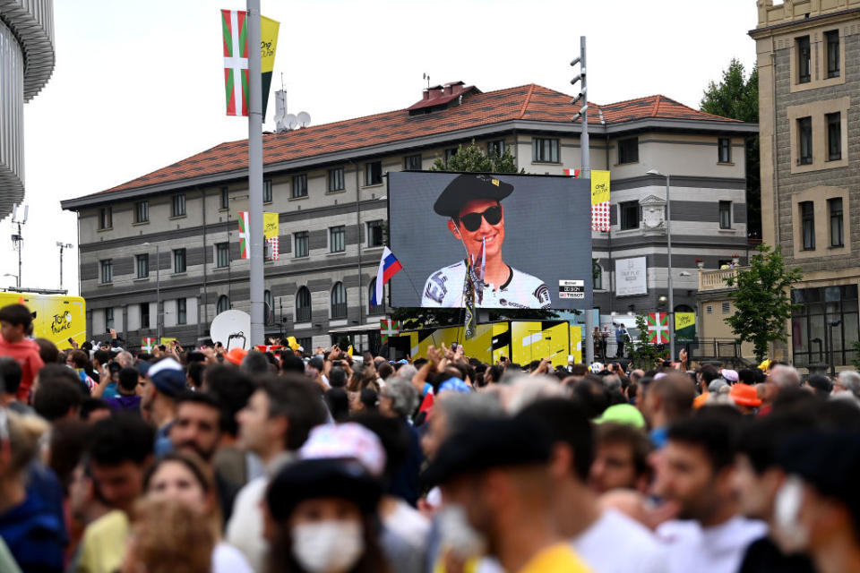 BILBAO SPAIN  JULY 01 A screen shows to Esteban Chaves of Colombia and Team EF EducationEasyPost prior to the stage one of the 110th Tour de France 2023 a 182km stage from Bilbao to Bilbao  UCIWT  on July 01 2023 in Bilbao Spain Photo by Tim de WaeleGetty Images