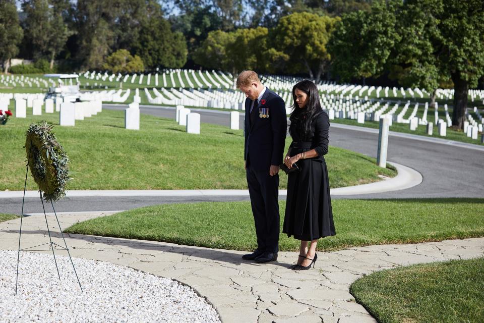 Prince Harry and Duchess Meghan pay tribute to war dead at Los Angeles National Cemetery on Nov. 8, 2020, known as Remembrance Sunday in Britain.