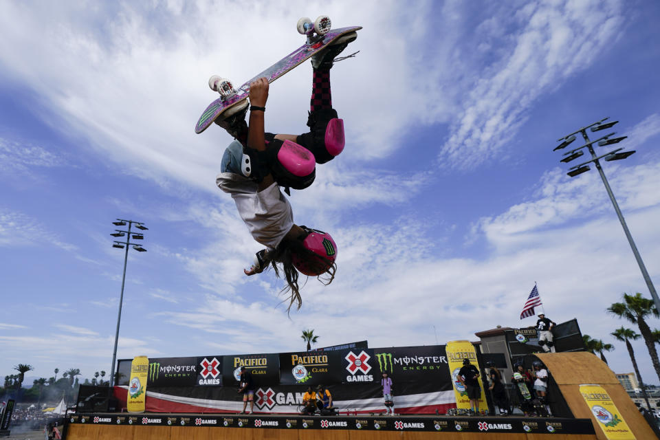 Arisa Trew competes in the Pacifico Women's Skateboard Vert during X Games California, Saturday, July 22, 2023, in Ventura, Calif. (AP Photo/Ryan Sun)