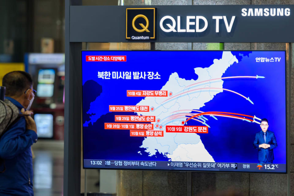 <div class="inline-image__caption"><p>A TV screen shows a news program reporting North Korea’s missile launch displayed at the Yongsan Railway Station.</p></div> <div class="inline-image__credit">Kim Jae-Hwan/SOPA Images/LightRocket via Getty</div>