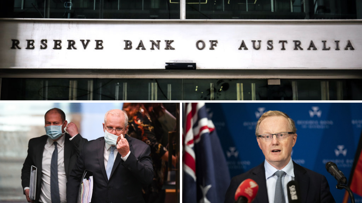 Top: RBA banner; left: Treasurer Josh Frydenberg and PM Scott Morrison; right: RBA governor Philip Lowe.