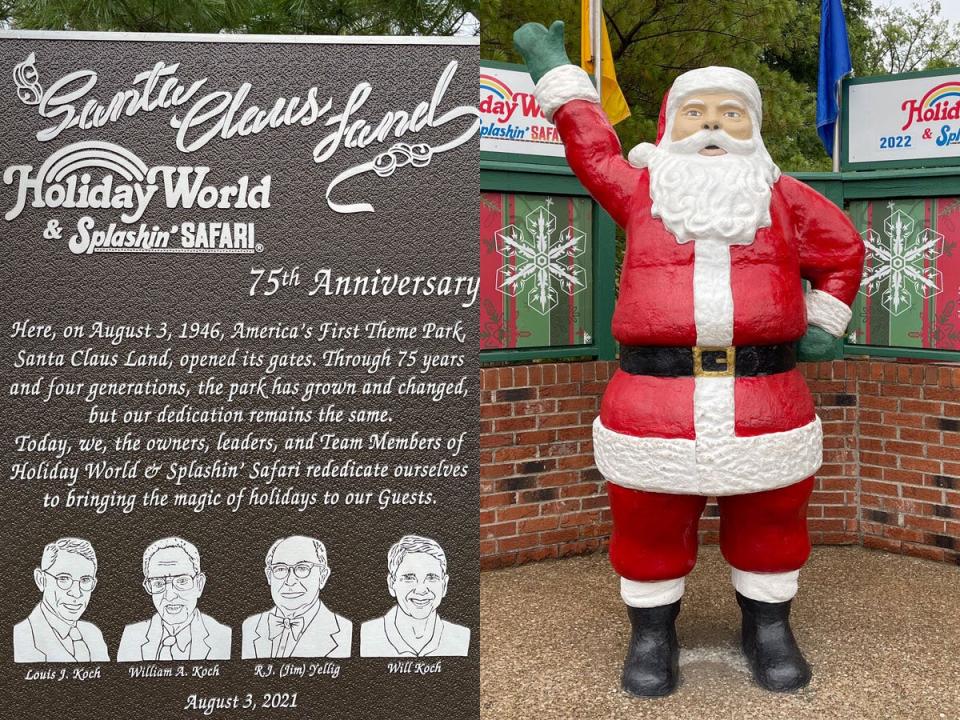 sign about holiday world history on the lest, santa claus statue on the right