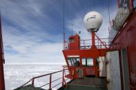 The Xue Long (Snow Dragon) Chinese icebreaker (L), as seen from Australia's Antarctic supply ship, the Aurora Australis, sits in an ice pack unable to get through to the MV Akademik Shokalskiy, in East Antarctica, some 100 nautical miles (185 km) east of French Antarctic station Dumont D'Urville and about 1,500 nautical miles (2,800 km) south of Hobart, Tasmania, January 2, 2014, in this handout courtesy of Fairfax's Australian Antarctic Division. A planned helicopter rescue of 52 passengers on the Russian Akademik Shokalskiy ship stranded in Antarctic ice since Christmas Eve was delayed on Thursday due to unfavourable sea ice conditions in the area. The helicopter on the Chinese icebreaker Snow Dragon had planned to lift passengers from the trapped Akademik Shokalskiy on Thursday and then use a barge to transport them to the nearby Aurora Australis, Australia's Antarctic supply ship. Picture taken January 2, 2014. REUTERS/Fairfax/Australian Antarctic Division/Handout via Reuters (ANTARCTICA - Tags: MARITIME ENVIRONMENT) ATTENTION EDITORS � THIS IMAGE WAS PROVIDED BY A THIRD PARTY. NO SALES. NO ARCHIVES. FOR EDITORIAL USE ONLY. NOT FOR SALE FOR MARKETING OR ADVERTISING CAMPAIGNS. THIS PICTURE IS DISTRIBUTED EXACTLY AS RECEIVED BY REUTERS, AS A SERVICE TO CLIENTS