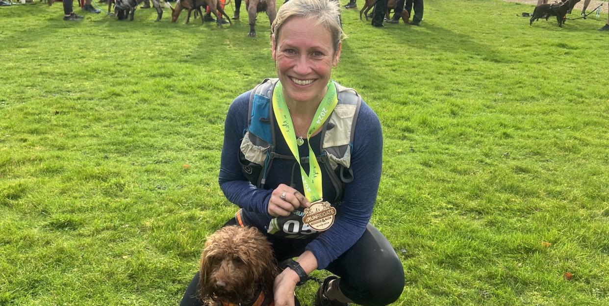 sophie raworth and her dog luna with medals