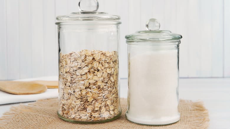 oats, sugar in glass containers