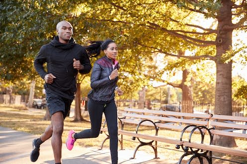 <span class="caption">Nose breathing during intense exercise takes practice. </span> <span class="attribution"><a class="link " href="https://www.shutterstock.com/image-photo/young-black-couple-jogging-brooklyn-park-787058611" rel="nofollow noopener" target="_blank" data-ylk="slk:Monkey Business Images/ Shutterstock;elm:context_link;itc:0;sec:content-canvas">Monkey Business Images/ Shutterstock</a></span>