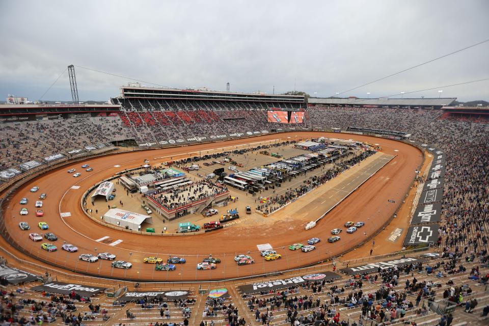 NASCAR Cup Series drivers race on the dirt track at Bristol Motor Speedway on April 17, 2022.