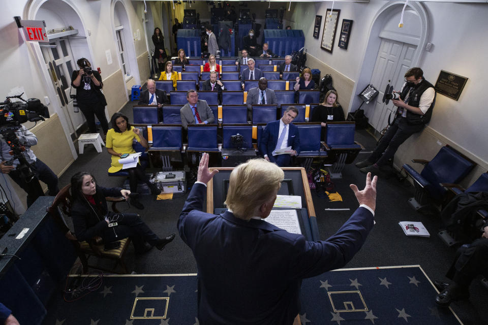 President Donald Trump speaks about the coronavirus in the James Brady Press Briefing Room of the White House, Friday, April 17, 2020, in Washington. (AP Photo/Alex Brandon)