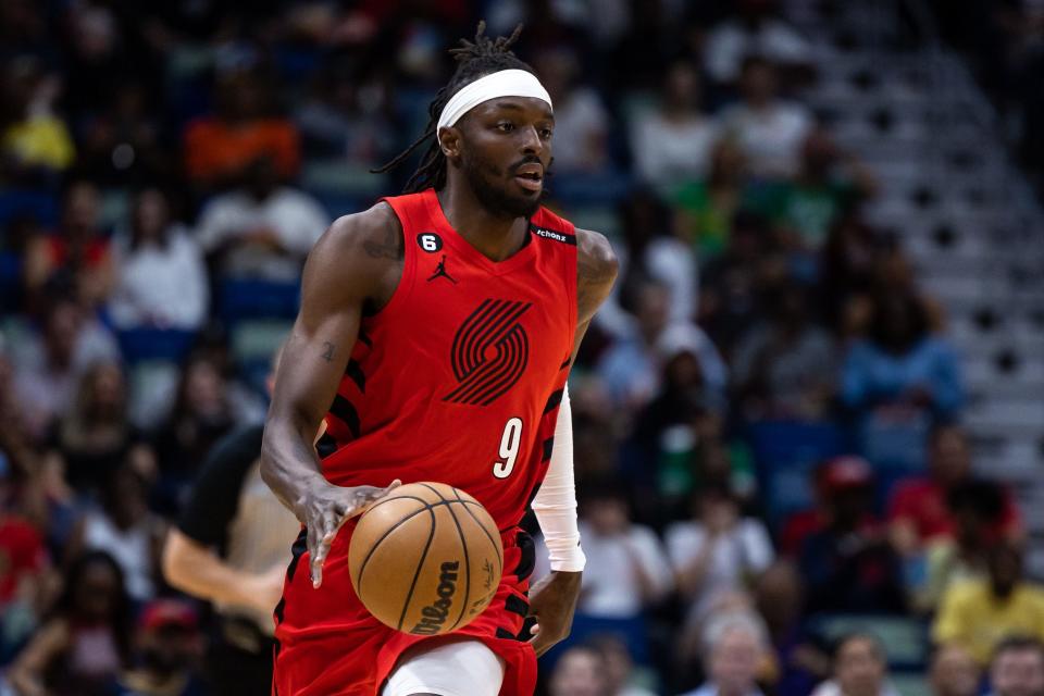 Portland Trail Blazers forward Jerami Grant brings the ball up court against the New Orleans Pelicans at Smoothie King Center, March 12, 2023 in New Orleans.