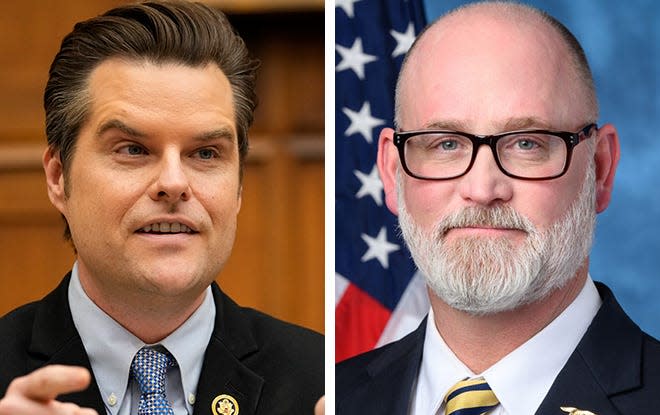 U.S. Reps. Matt Gaetz, left, and Derrick Van Orden