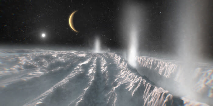 serrated icy surface with geysers and dark sky with sickle moon in background