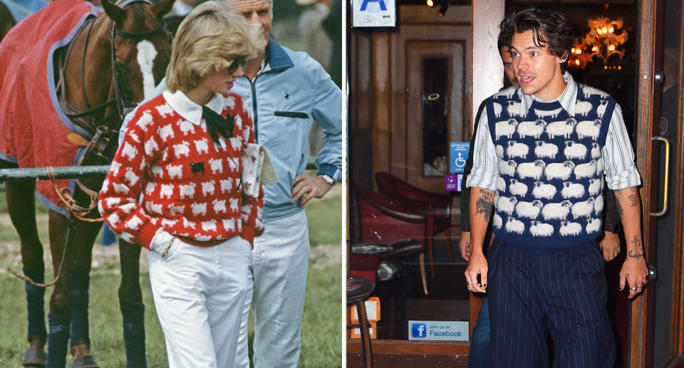 People are saying Styles' look resembles Princess Diana's black sheep jumper. The late princess, left, is pictured here wearing the garment in 1983. [Photo: Getty]