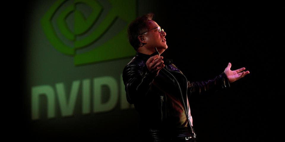 Jensen Huang, CEO of Nvidia, reacts to a video at his keynote address at CES in Las Vegas, Nevada, U.S. January 7, 2018.