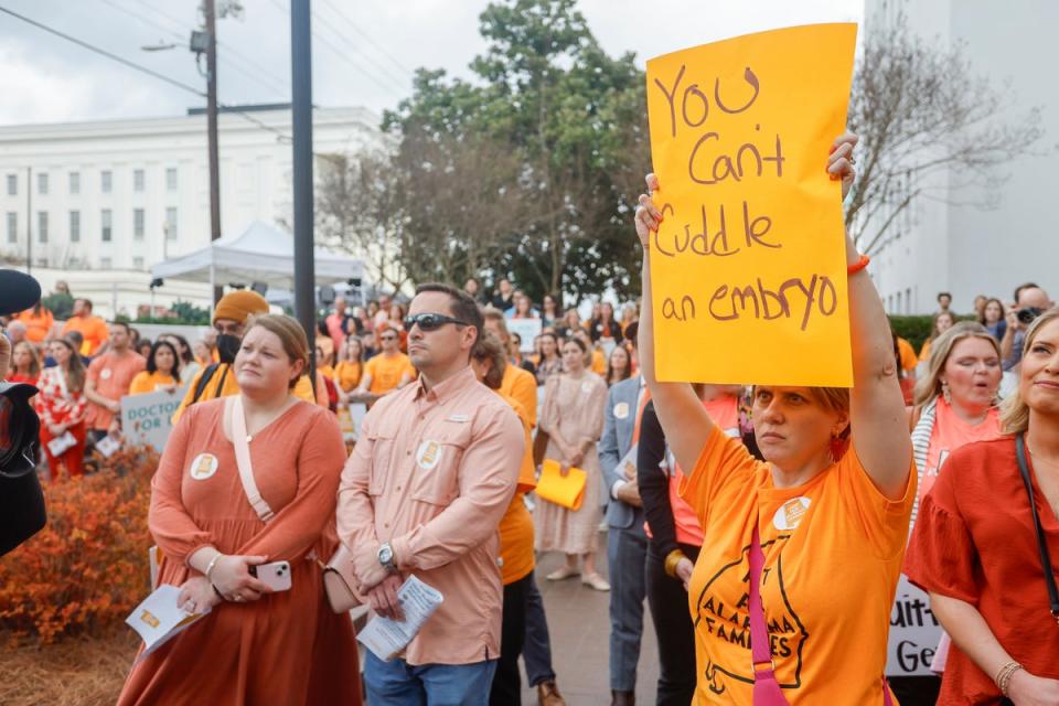 Demonstrators rally for IVF protections outside the Alabama State House on  28 February. (RESOLVE via AP)