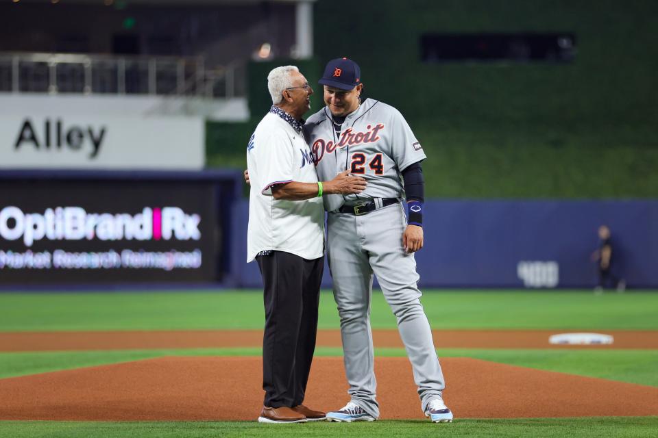 Detroit Tigers designated hitter Miguel Cabrera (24) hugs Venezuelan former baseball player Dave Concepcion during a pre-game ceremony prior to facing the Miami Marlins at loanDepot Park in Miami on Saturday, July 29, 2023.