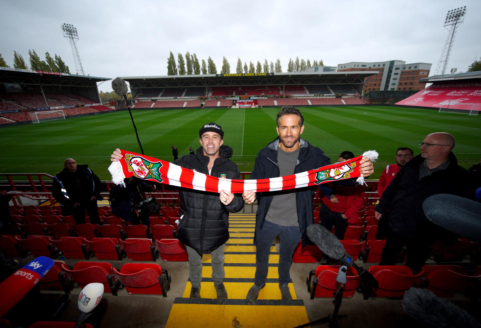 Wrexham co-chairmen Rob McElhenney and Ryan Reynolds during a press conference at the Racecourse Ground, Wrexham. Picture date: Thursday October 28, 2021. (Photo by Peter Byrne/PA Images via Getty Images)