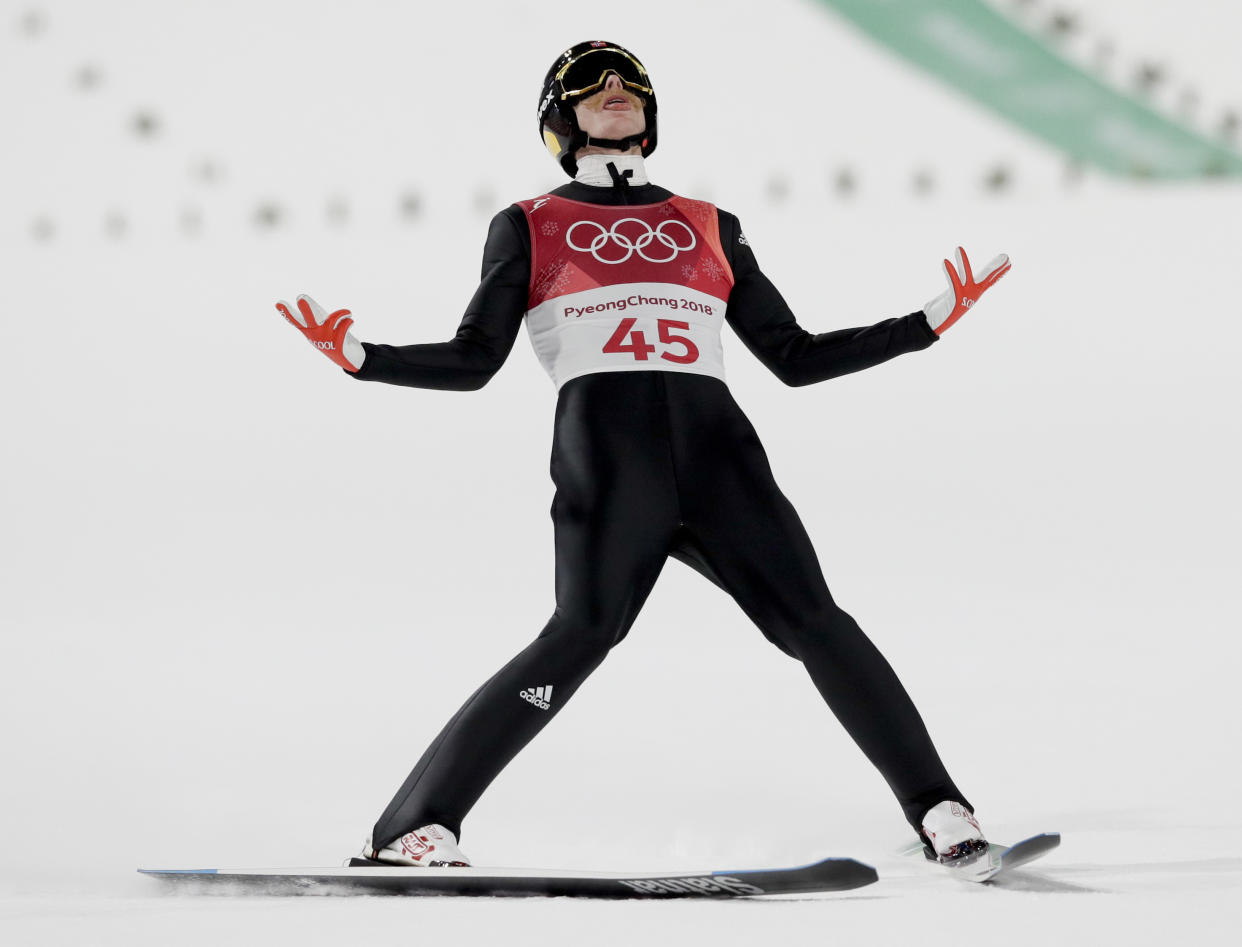 Robert Johansson, of Norway, celebrates after his jump during the men’s normal hill individual ski jumping competition at the 2018 Winter Olympics in Pyeongchang, South Korea, Sunday, Feb. 11, 2018. (AP Photo/Kirsty Wigglesworth)