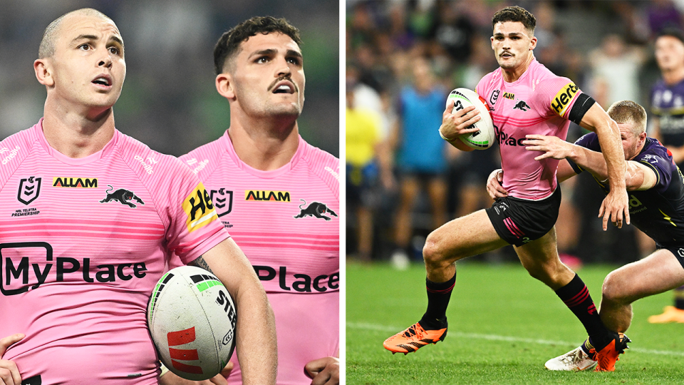 Dylan Edwards and Nathan Cleary react and Cleary runs the ball.