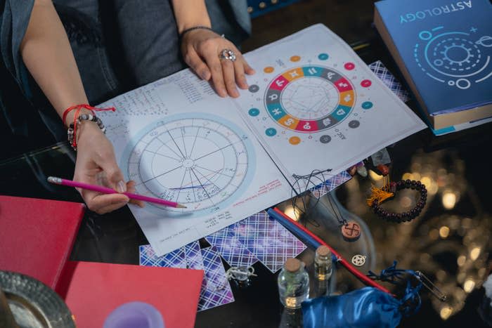 An astrologer makes marking on a chart