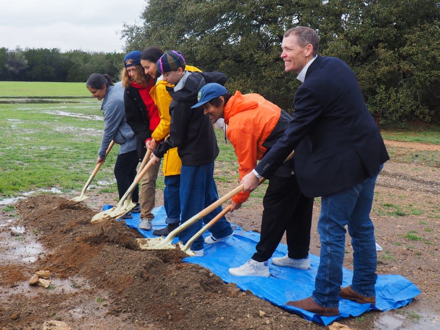 Groundbreaking ceremony for the Dorian Zev Kweller Memorial Skatepark. Picture from left to right: Dripping Springs Mayor Pro Tem Taline Manassian; Ben Kweller; Liz Kweller; Judah Kweller; Dennis Baldwin; and Hays County Commissioner Walt Smith. (Photo courtesy: City of Dripping Springs)