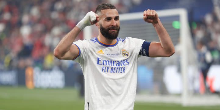 Karim Benzema celebrates after Real Madrid win the Champions League final. Stade de France, 28th May, 2022. Credit: PA Images
