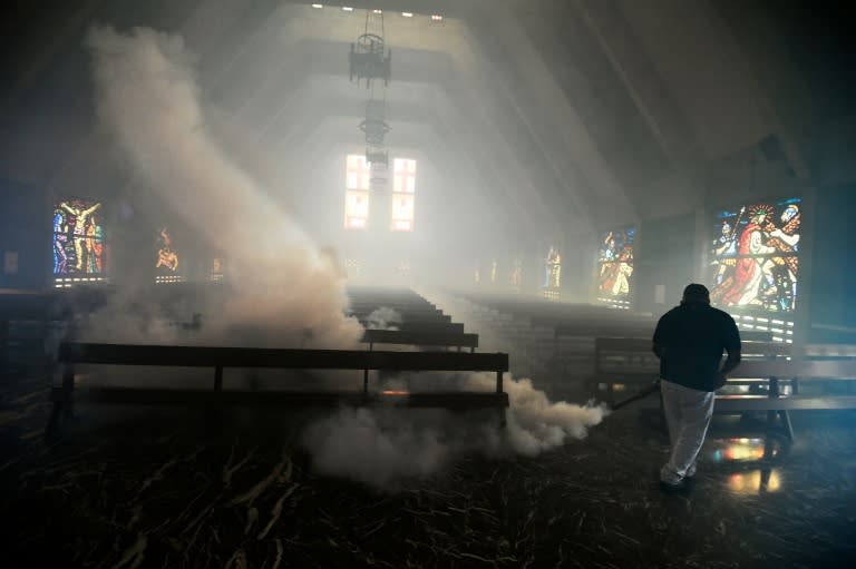 A Health Ministry employee fumigates against the Aedes Aegypti mosquito inside a church in Caracas on February 5, 2016