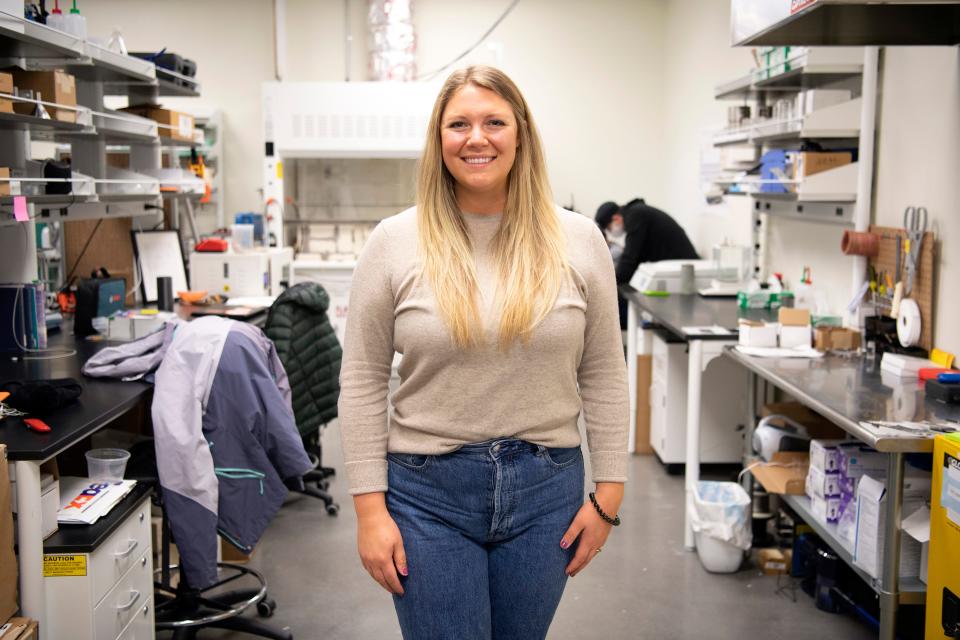 SkyNano CEO and co-founder Anna Douglas is photographed inside the local tech startup's lab at the University of Tennessee's Institute for Advanced Materials and Manufacuturing in Knoxville on Friday, January 7, 2022. SkyNano recently announced its first production of carbon nanotubes from power plant emissions.