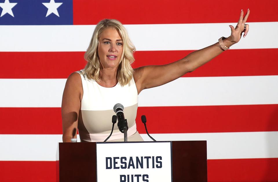 Sarasota District 1 School Board candidate 
Bridget Ziegler, now School Board chair, speaks to voters before Gov. Ron DeSantis takes the stage at the Sahib Shriner Event Center, in Sarasota, as part of his Education Agenda Tour across the state in August 2022.