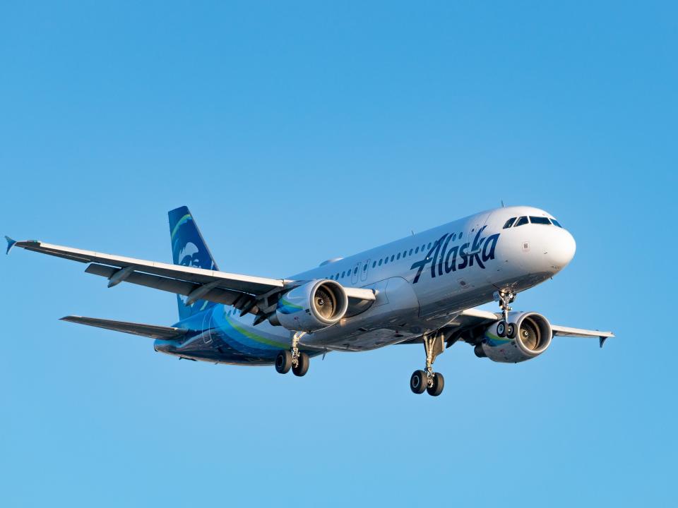 An Alaska Airlines plane in flight.