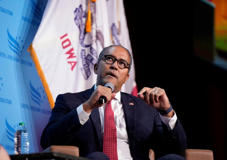 Republican presidential candidate Will Hurd speaks at the Iowa Faith and Freedom Coalition's banquet, Saturday, Sept. 16, 2023, in Des Moines, Iowa. (AP Photo/Bryon Houlgrave)