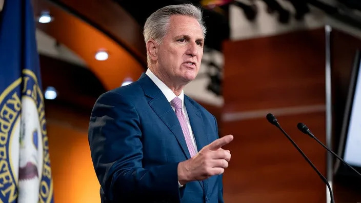 Minority Leader Kevin McCarthy (D-Calif.) addresses reporters during his weekly on-camera press conference on Friday, March 18, 2022.