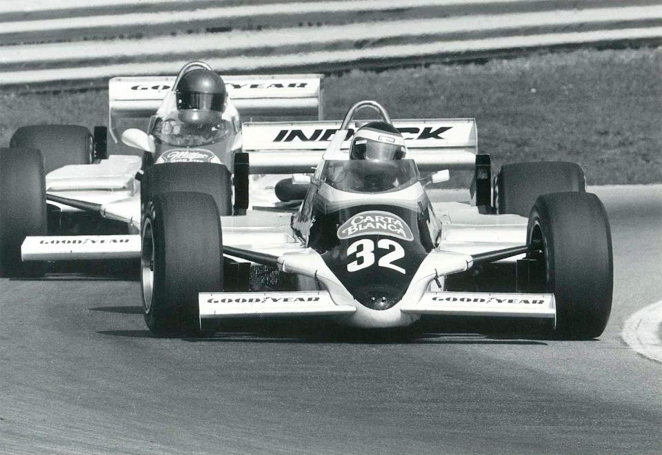 Hector Rebaque leads John Paul Jr. through a turn during the 1982 Road America 200 weekend.