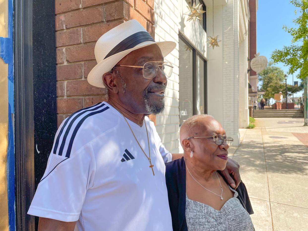 (L-R) Jackie Payne and his wife, Miriam, celebrate his Athens Music Walk of Fame plaque in downtown Athens, Ga. on Wednesday, Oct. 4, 2023. Miriam was the inspiration for Jackie's 1965 song "I'll Be Home."
