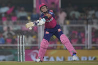 Rajasthan Royals' Trent Boult plays a shot during the Indian Premier League cricket match between Rajasthan Royals and Punjab Kings in Guwahati, India, Wednesday, May. 15, 2023. (AP Photo/Anupam Nath)