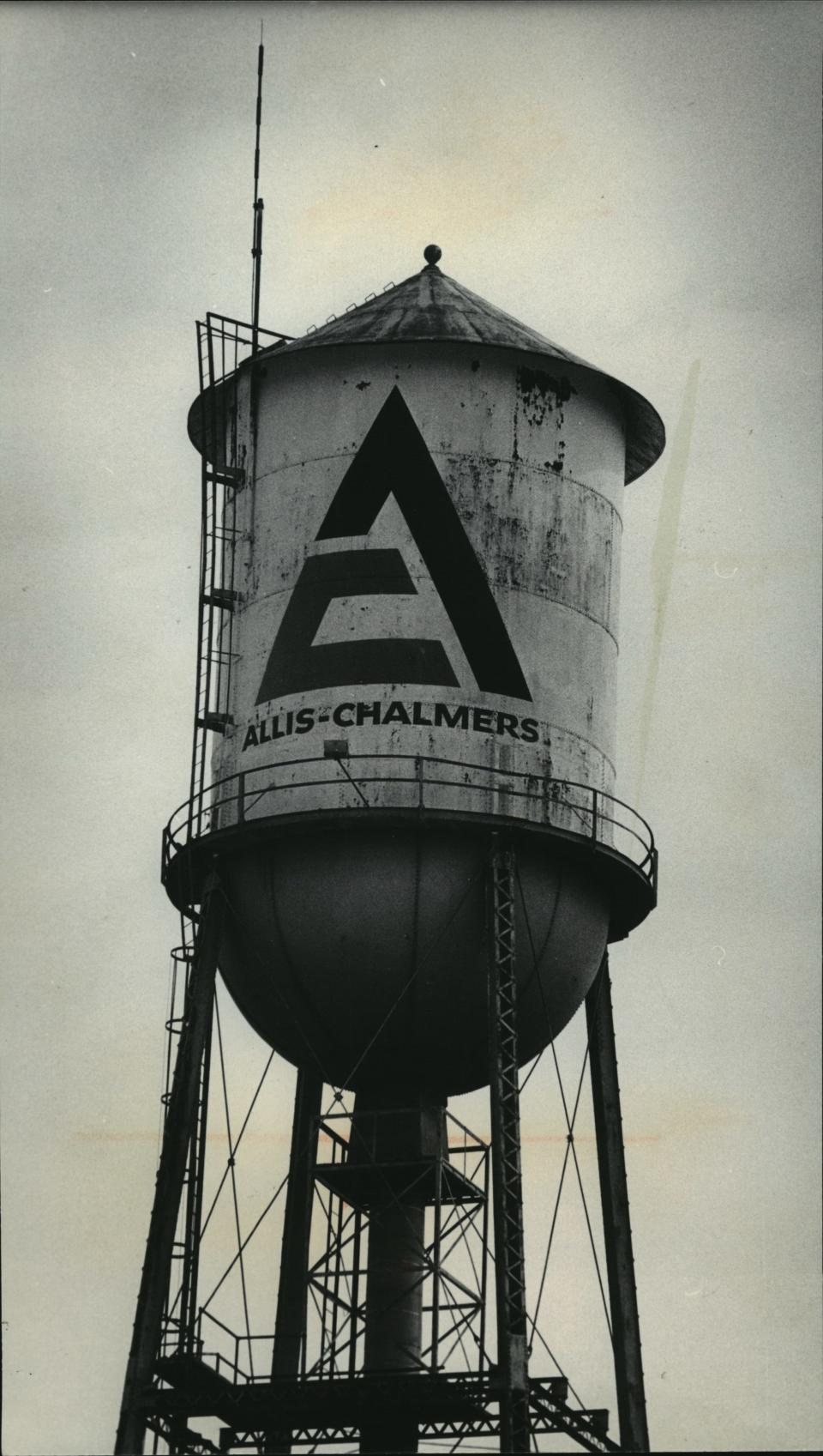 Allis-Chalmers' logo rises above West Allis in this 1985 photo.