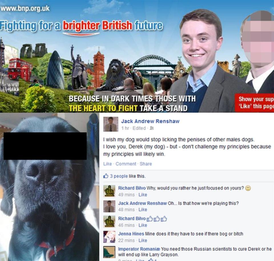 Jack Renshaw was ridiculed in 2014 for a post made as BNP Youth leader where he voiced fears his dog was gay (EDL News/Twitter)